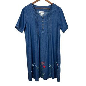 Country Store‎ Denim Dress Large Blue Embroidered Floral Pintucked Knee Length
